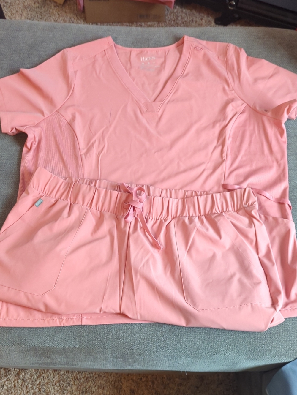 Hanes Pink V-Neck Scrub Top and Drawstring Pants Set